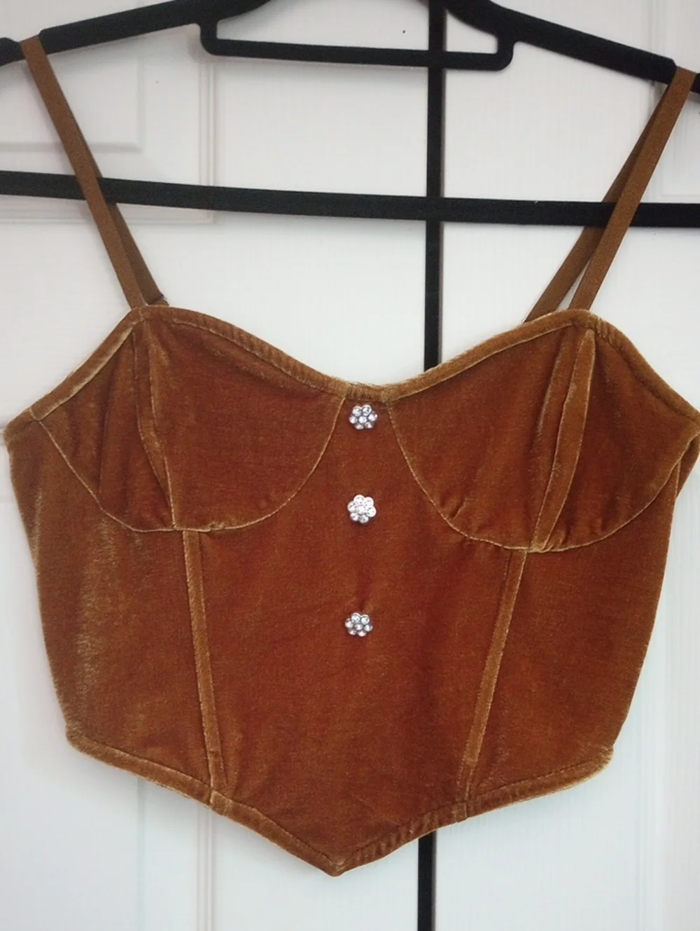 Forever 21 Gold Brown Velvet Sleeveless Corset Crop Top Rhinestone Buttons S